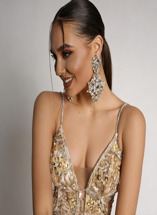 XSBODY Costume Silver Large Rhinestone Earrings Dangling Trendy Bling Oversized Statement Earrings For Women Formal (Silver) - Image 2